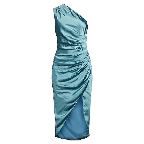 Satin Bridesmaid Dress Evening Dre One Shoulder Prom Dress Rouched Midi Formal - Picture 1 of 7